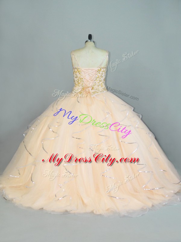 Beading and Ruffles Sweet 16 Dress Champagne Lace Up Sleeveless Floor Length