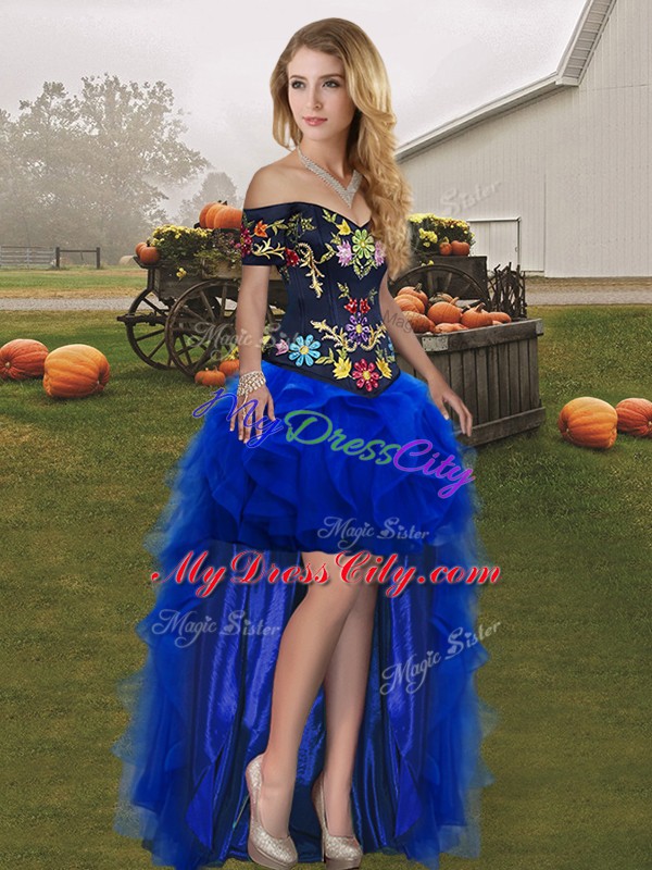 High Low Royal Blue Dress for Prom Tulle Sleeveless Embroidery and Ruffles