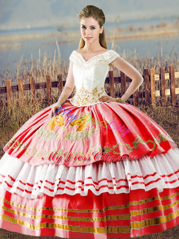 Suitable Sleeveless Satin Floor Length Lace Up 15th Birthday Dress in White And Red with Embroidery and Ruffled Layers