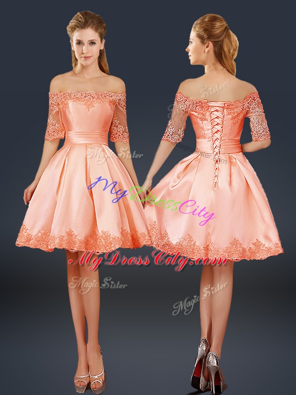 Nice A-line Hoco Dress Peach Off The Shoulder Satin Half Sleeves Mini Length Lace Up