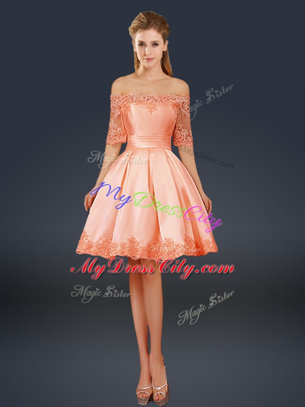 Nice A-line Hoco Dress Peach Off The Shoulder Satin Half Sleeves Mini Length Lace Up