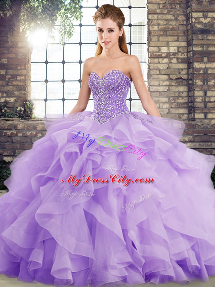 Lavender Sleeveless Beading and Ruffles Lace Up Vestidos de Quinceanera