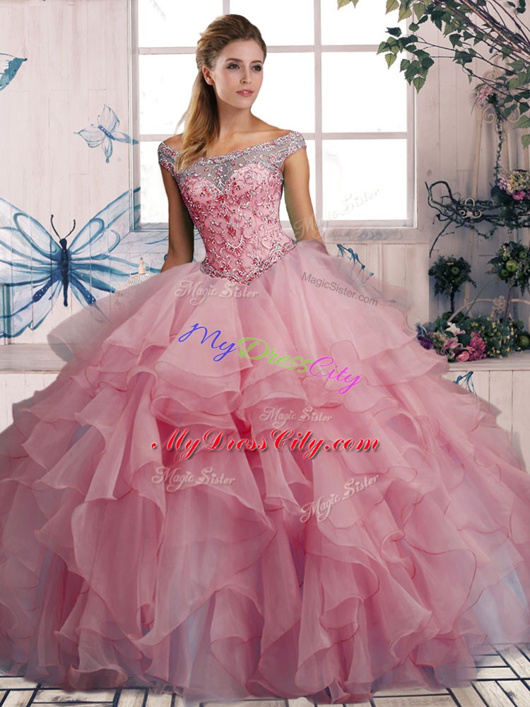 Hot Sale Watermelon Red Off The Shoulder Neckline Beading and Ruffles Sweet 16 Quinceanera Dress Sleeveless Lace Up