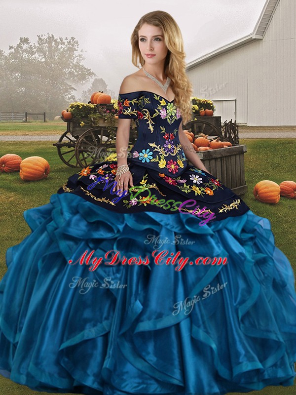 Blue And Black Sleeveless Floor Length Embroidery and Ruffles Lace Up Quinceanera Dress