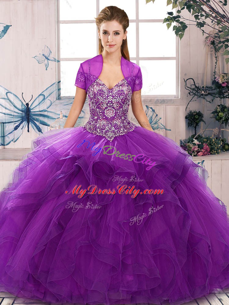 Captivating Purple Sleeveless Floor Length Beading and Ruffles Lace Up Sweet 16 Dress