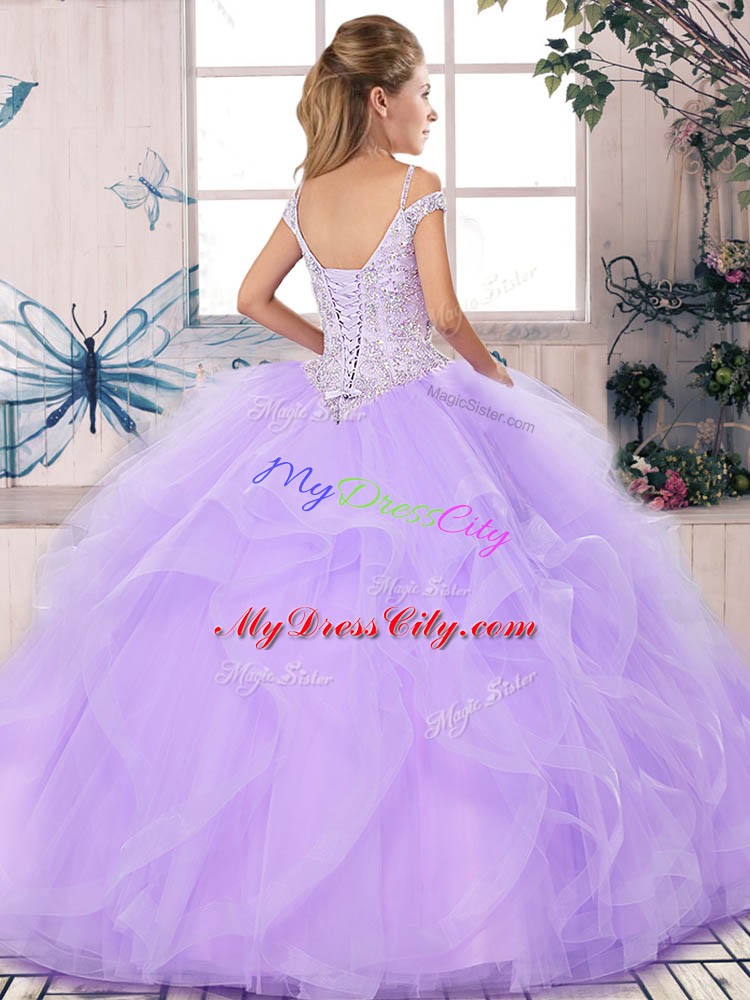 Captivating Purple Sleeveless Floor Length Beading and Ruffles Lace Up Sweet 16 Dress