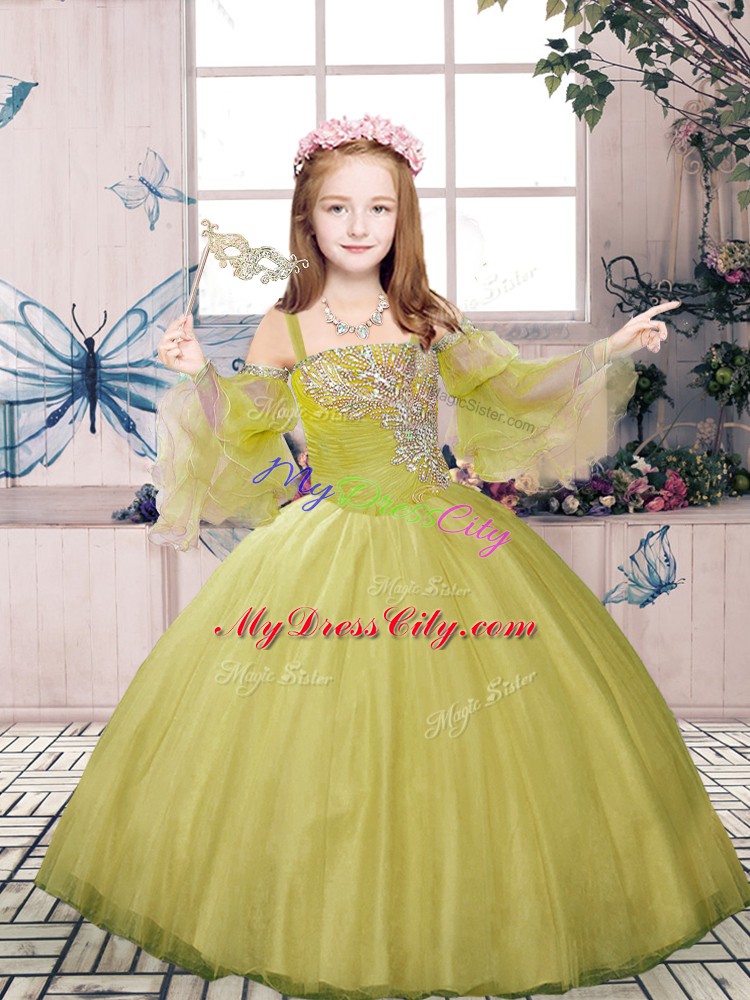 Enchanting Olive Green Sleeveless Floor Length Beading Lace Up Pageant Dress Toddler