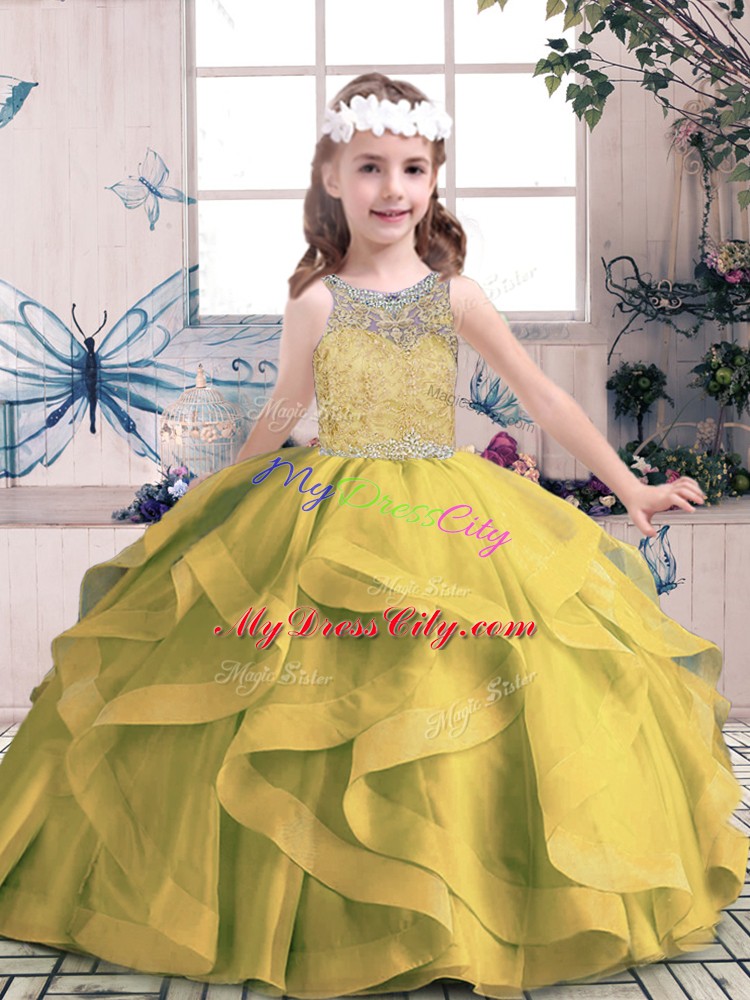 Latest Olive Green Scoop Lace Up Beading and Ruffles Little Girls Pageant Dress Sleeveless