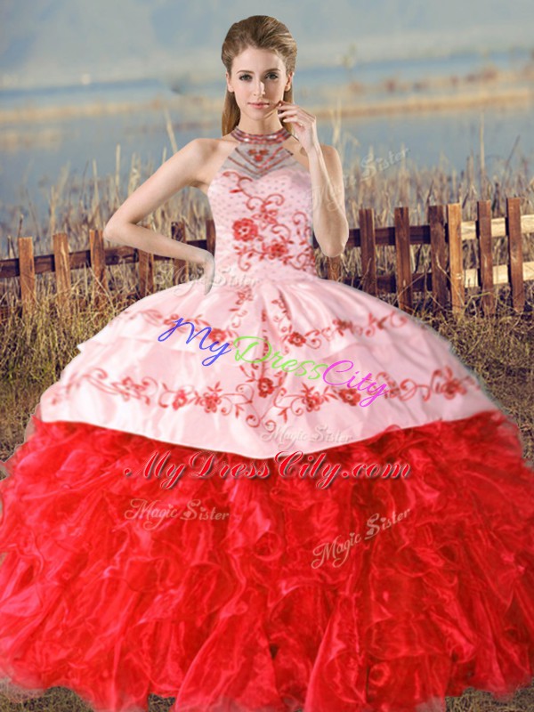 Attractive Red Sleeveless Organza Court Train Lace Up Vestidos de Quinceanera for Sweet 16 and Quinceanera