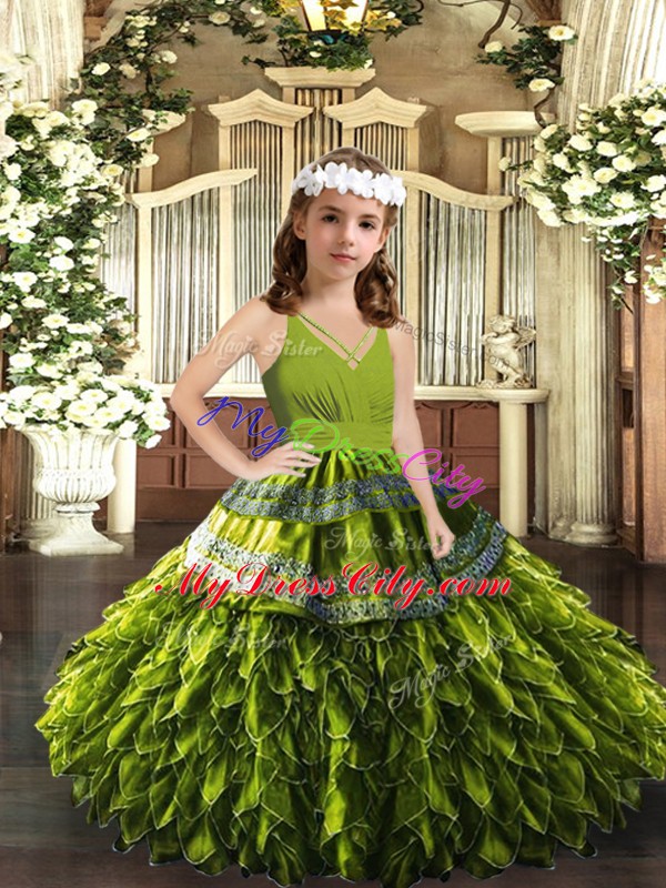 Olive Green Ball Gowns Organza V-neck Sleeveless Appliques and Ruffles Floor Length Zipper Glitz Pageant Dress