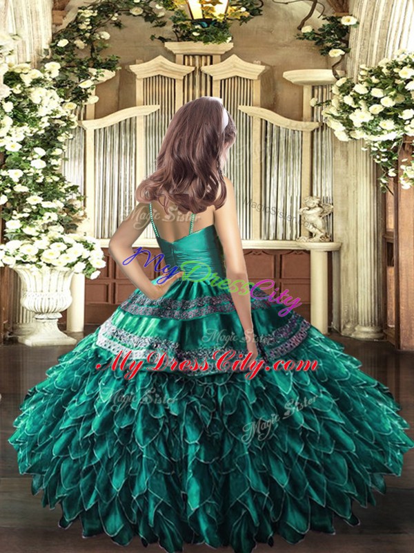 Olive Green Ball Gowns Organza V-neck Sleeveless Appliques and Ruffles Floor Length Zipper Glitz Pageant Dress