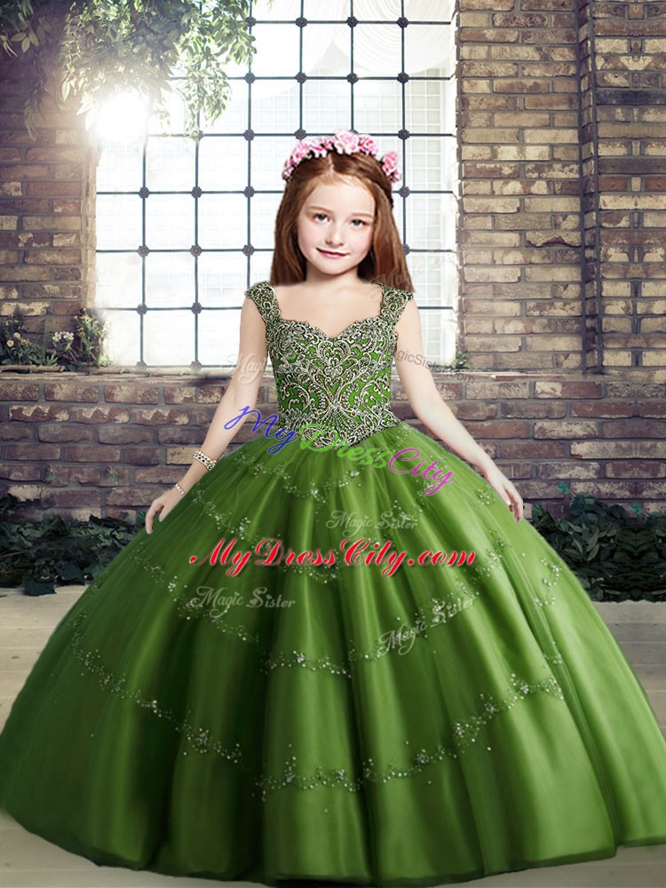 High Quality Green Sleeveless Beading Floor Length Little Girls Pageant Dress