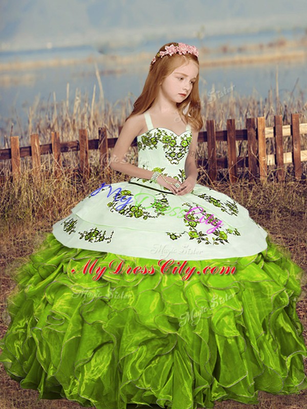 Floor Length Lace Up Pageant Gowns Yellow Green for Party and Sweet 16 and Wedding Party with Embroidery and Ruffles