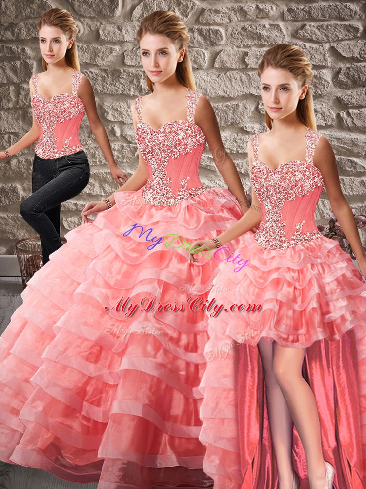 Watermelon Red Organza Lace Up Sweet 16 Dress Sleeveless Court Train Beading and Ruffled Layers