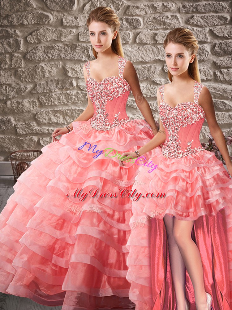 Watermelon Red Organza Lace Up Sweet 16 Dress Sleeveless Court Train Beading and Ruffled Layers