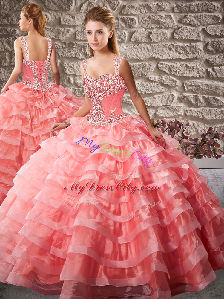 Watermelon Red Organza Lace Up Sweet 16 Dress Sleeveless Court Train Beading and Ruffled Layers