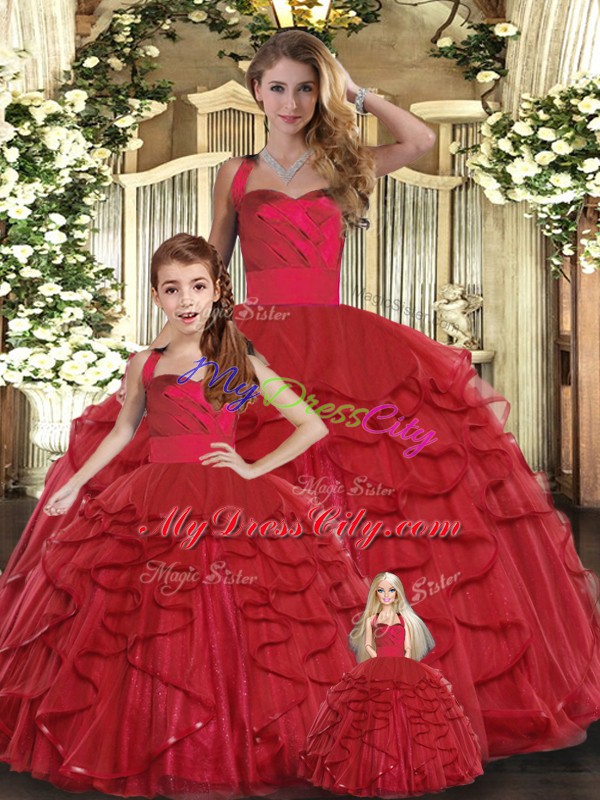 Dynamic Ruffles Quinceanera Dresses Red Lace Up Sleeveless Floor Length