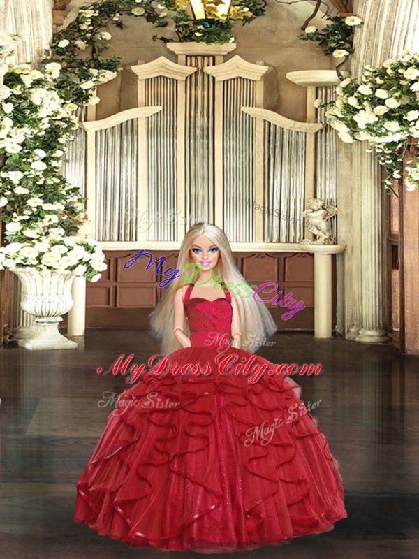 Dynamic Ruffles Quinceanera Dresses Red Lace Up Sleeveless Floor Length