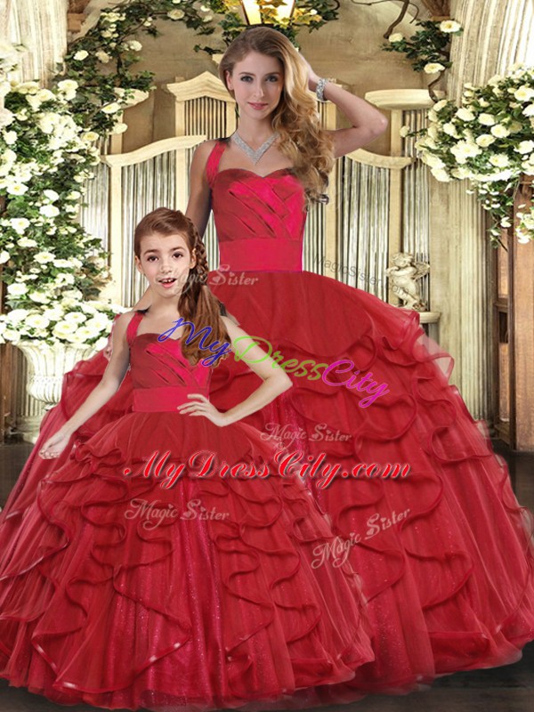 Dynamic Ruffles Quinceanera Dresses Red Lace Up Sleeveless Floor Length