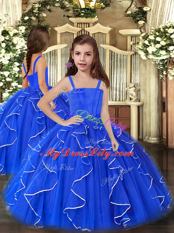 Royal Blue Straps Neckline Ruffles Little Girls Pageant Dress Wholesale Sleeveless Lace Up