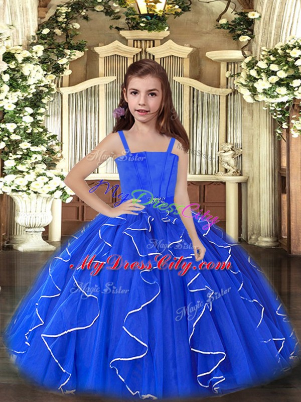 Royal Blue Straps Neckline Ruffles Little Girls Pageant Dress Wholesale Sleeveless Lace Up