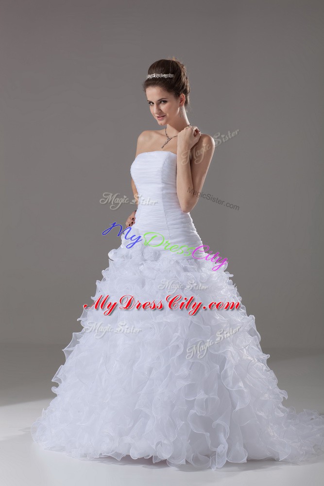 White Sleeveless Brush Train Ruffles Wedding Dresses