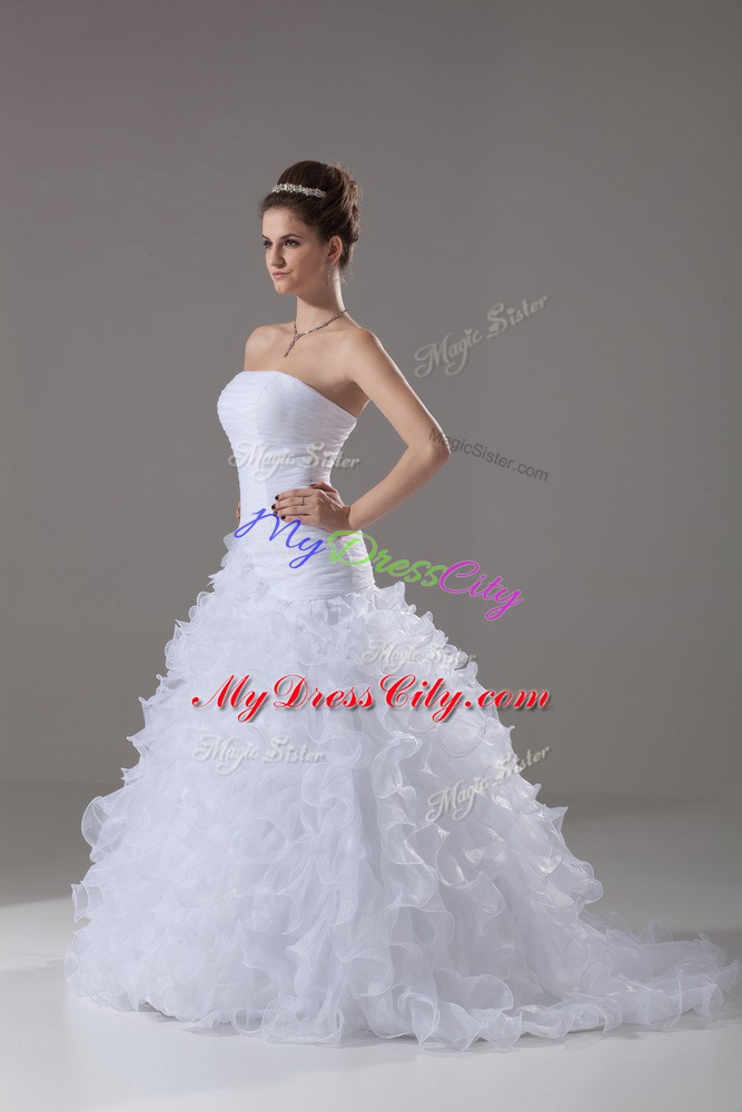 White Sleeveless Brush Train Ruffles Wedding Dresses