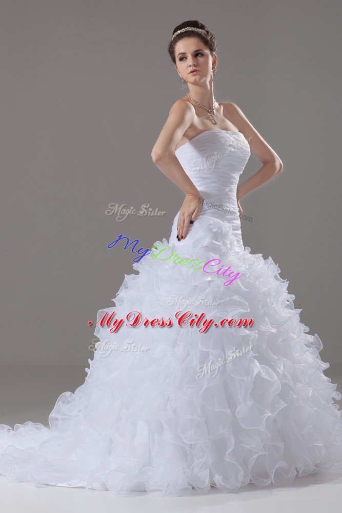 White Sleeveless Brush Train Ruffles Wedding Dresses