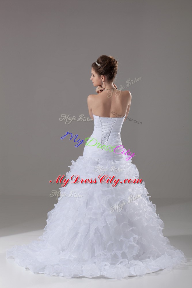 White Sleeveless Brush Train Ruffles Wedding Dresses