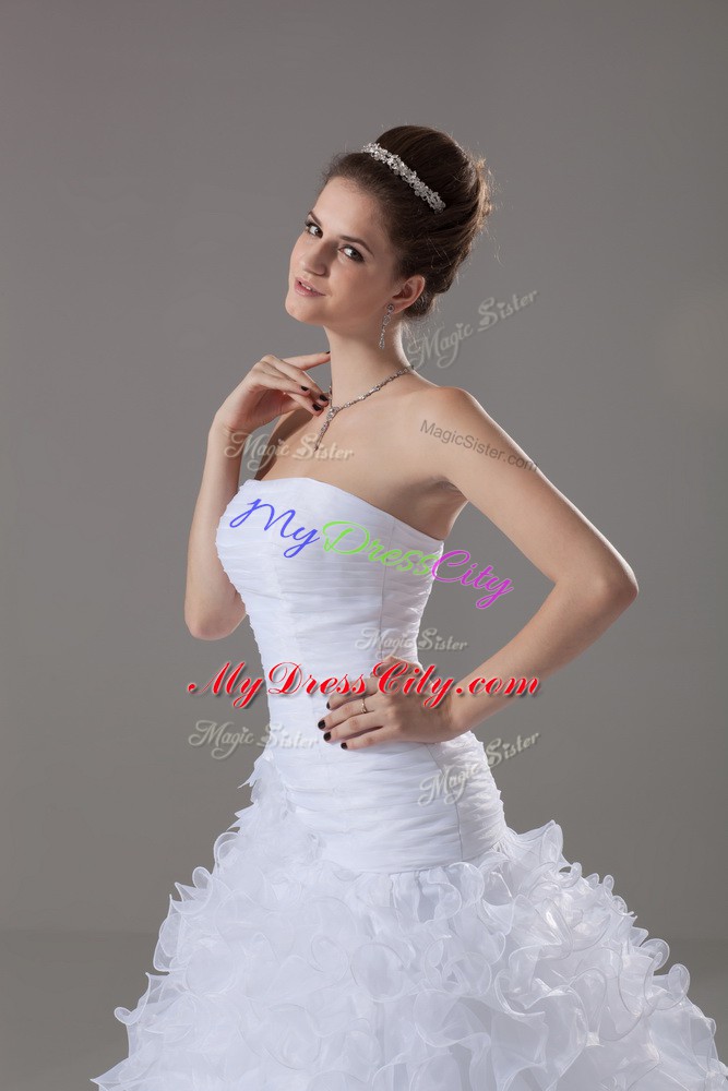 White Sleeveless Brush Train Ruffles Wedding Dresses