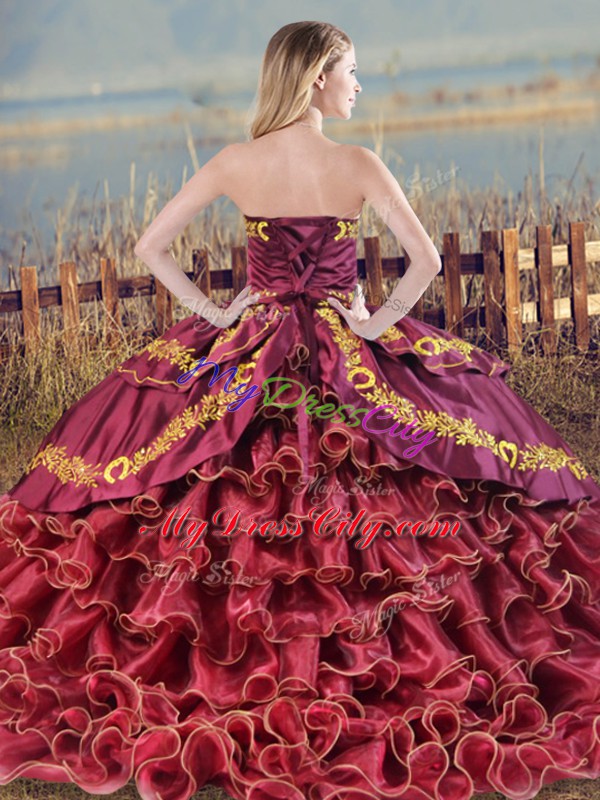 Excellent Sleeveless Embroidery and Ruffled Layers Lace Up Quinceanera Dresses with Burgundy Brush Train