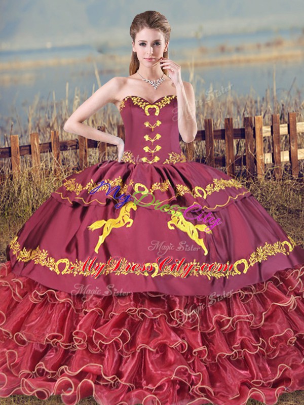 Excellent Sleeveless Embroidery and Ruffled Layers Lace Up Quinceanera Dresses with Burgundy Brush Train