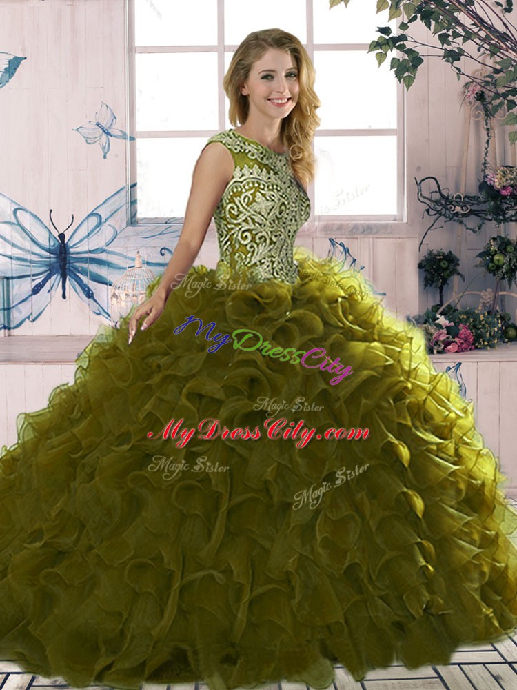 Customized Scoop Sleeveless Vestidos de Quinceanera Floor Length Beading and Ruffles Olive Green Organza