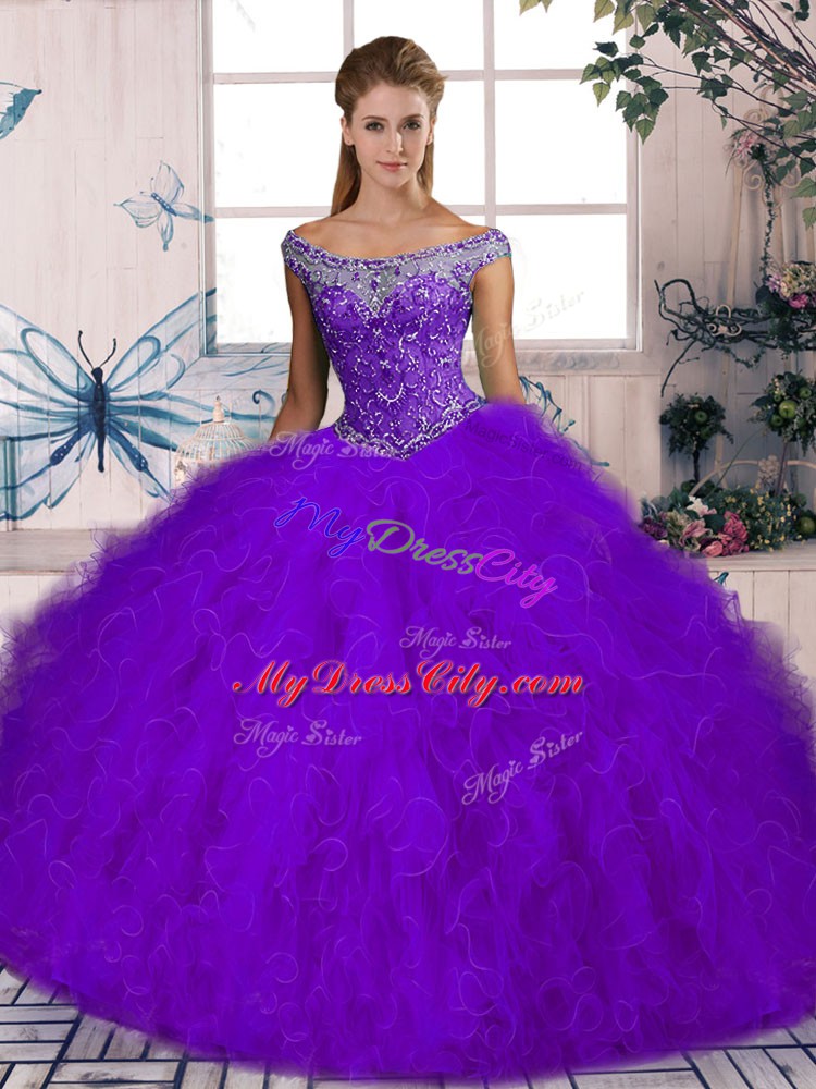 Brush Train Ball Gowns 15 Quinceanera Dress Purple Off The Shoulder Tulle Sleeveless Lace Up