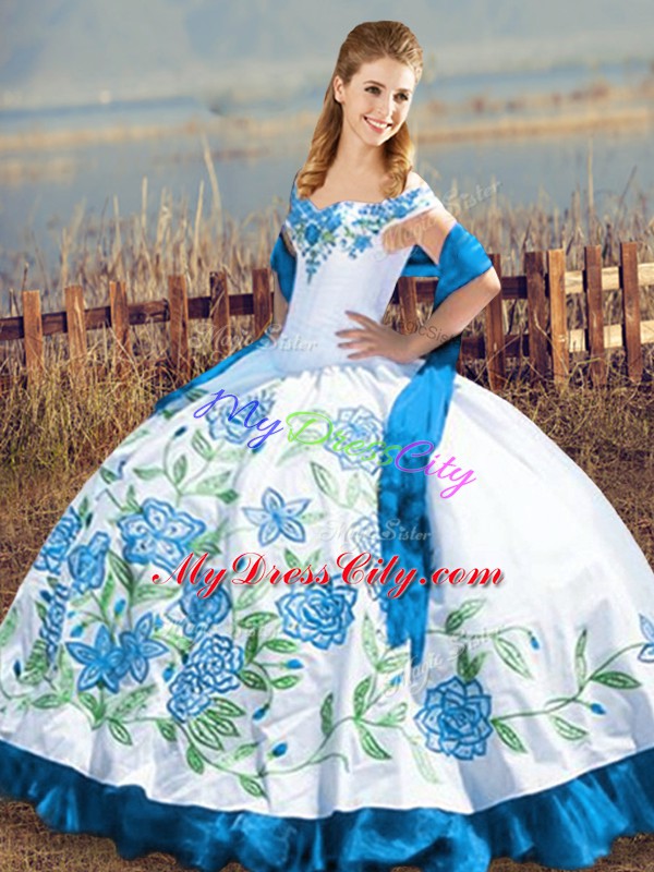 Blue And White Off The Shoulder Lace Up Embroidery Quinceanera Gowns Sleeveless