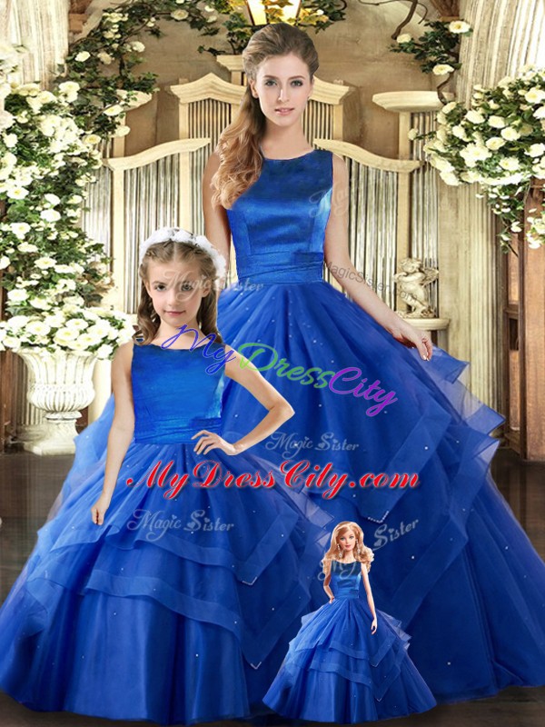 Custom Made Scoop Sleeveless Sweet 16 Dresses Floor Length Ruffled Layers Royal Blue Tulle