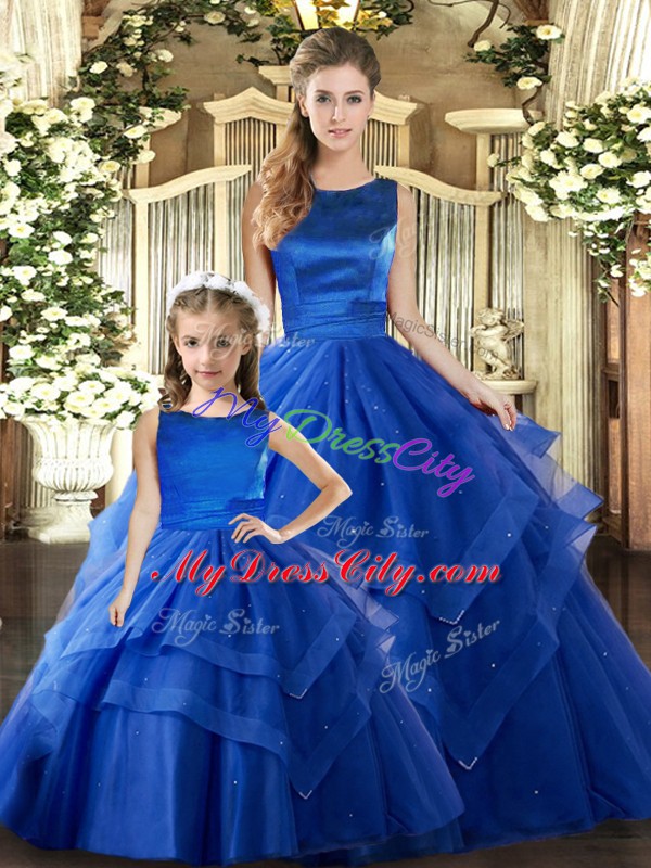 Custom Made Scoop Sleeveless Sweet 16 Dresses Floor Length Ruffled Layers Royal Blue Tulle