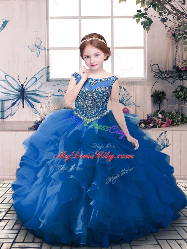 Elegant Organza Scoop Sleeveless Zipper Beading and Ruffles Little Girls Pageant Dress in Blue