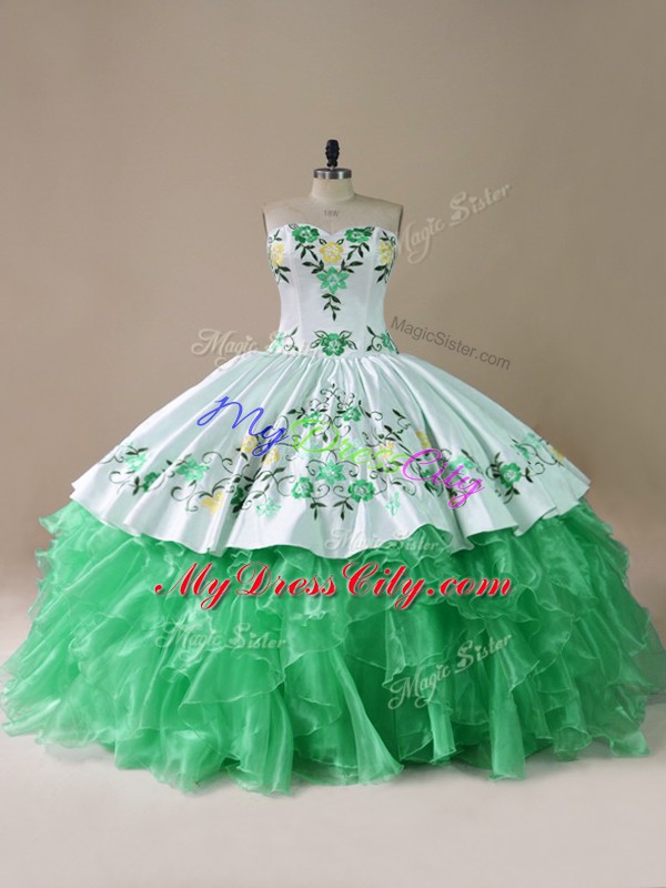 Excellent Green Lace Up Sweetheart Embroidery Quinceanera Dress Organza Sleeveless Brush Train