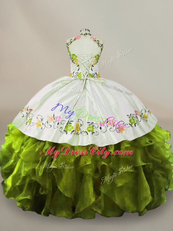 Embroidery and Ruffles Quince Ball Gowns Olive Green Side Zipper Sleeveless Floor Length