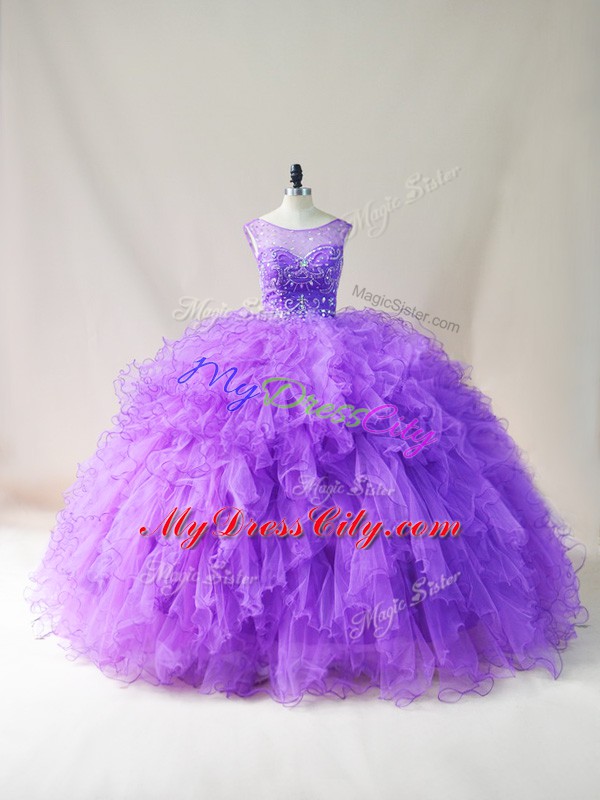 Custom Made Floor Length Ball Gowns Sleeveless Purple Sweet 16 Dresses Lace Up