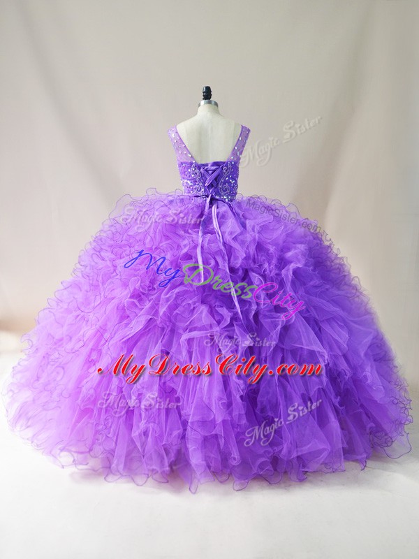 Custom Made Floor Length Ball Gowns Sleeveless Purple Sweet 16 Dresses Lace Up