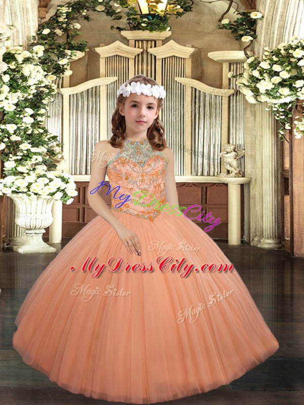 Peach Ball Gowns Halter Top Sleeveless Tulle Floor Length Lace Up Beading Little Girl Pageant Gowns