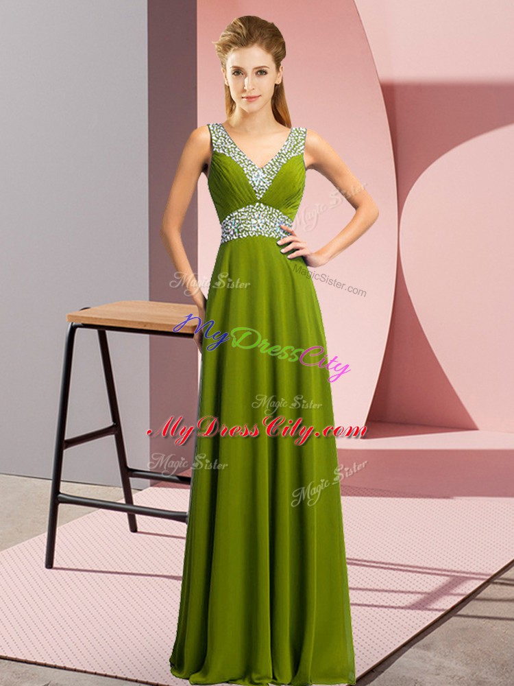 Olive Green Lace Up Prom Gown Beading Sleeveless Floor Length