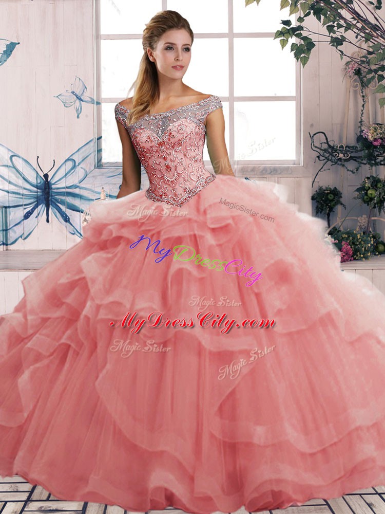 Watermelon Red Ball Gowns Beading and Ruffles Sweet 16 Dress Lace Up Tulle Sleeveless Floor Length