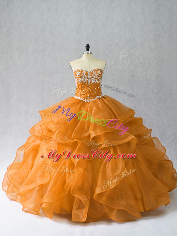 Orange Lace Up Sweetheart Beading and Ruffles 15th Birthday Dress Organza Sleeveless