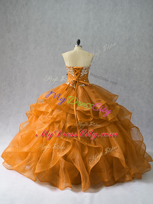 Orange Lace Up Sweetheart Beading and Ruffles 15th Birthday Dress Organza Sleeveless