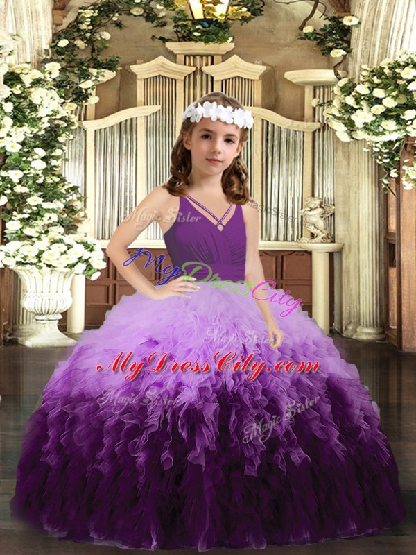 Cheap Multi-color Ball Gowns Tulle V-neck Sleeveless Ruffles Floor Length Zipper Little Girls Pageant Dress Wholesale