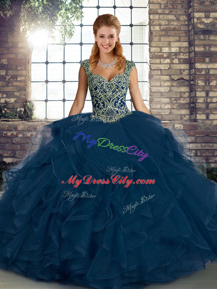 Modern Blue Lace Up Quince Ball Gowns Beading and Ruffles Sleeveless Floor Length