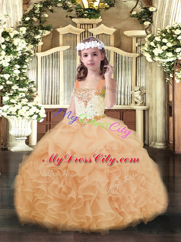 Custom Fit Sleeveless Lace Up Floor Length Beading and Ruffles and Pick Ups Winning Pageant Gowns